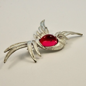 Silver Plated Bird Brooch with a Pink Glass Cabochon circa 1980s